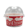 Stackable, food-safe ice cream tub with a vibrant red and white design, featuring a clear dome lid perfectly sealing the delightful treats inside, available in multiple scoop sizes for convenient and stylish take-away experiences.