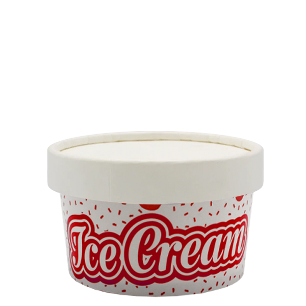 Vibrant and stackable Delicious Ice Cream Tub, perfect for one scoop servings, featuring safe direct food contact wax paper material and a snugly fitting lid, ready to fill your summer with scoops of joy.