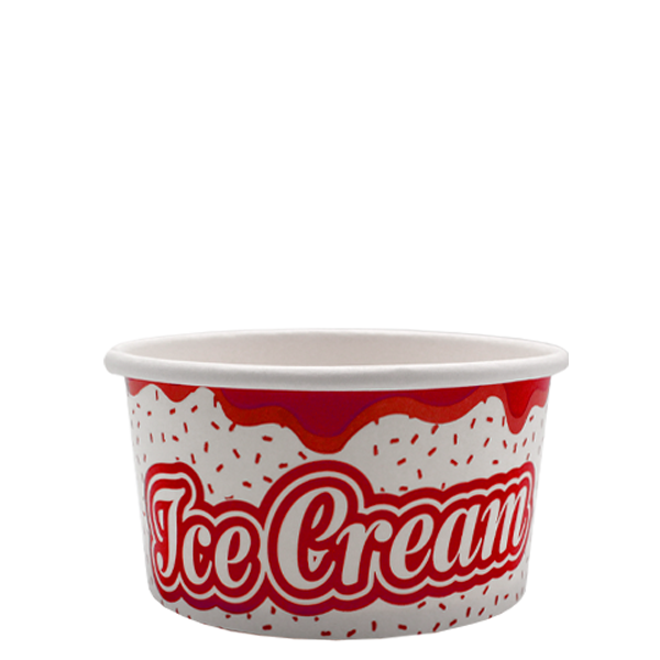 Brightly colored Delicious Ice Cream Tub with playful, red accents and the words 'Ice Cream' prominently displayed, exemplifying a joyful and safe serving option for various scoop sizes, and designed with convenience and stackability in mind for summer treats.