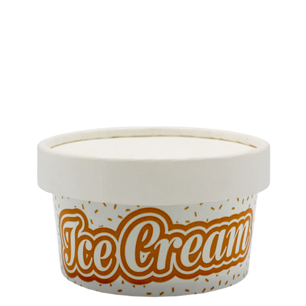 Summertime essential wax paper ice cream tub featuring a festive, colorful design, perfectly sized for single servings and stackable for convenient storage. Safe for direct food contact and includes a fitted lid to keep your delightful treats secure. Ideal for a variety of cold desserts from your favorite café or food fair.