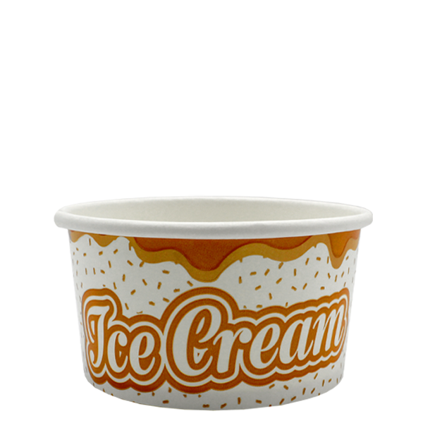 A stackable, colorful ice cream tub with secure fitting lid, perfect for serving a variety of frozen desserts, featuring a playful and vibrant ice cream text design on food-safe wax paper.